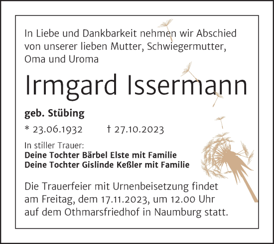 Traueranzeige von Irmgard Issermann von Wochenspiegel Naumburg/Nebra