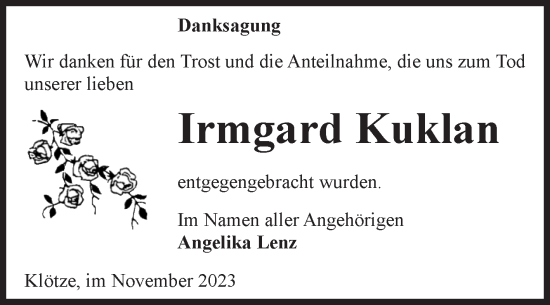 Traueranzeige von Irmgard Kuklan von Volksstimme Altmark West