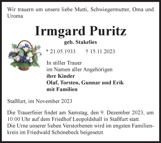 Traueranzeige von Irmgard Puritz von Volksstimme Staßfurt
