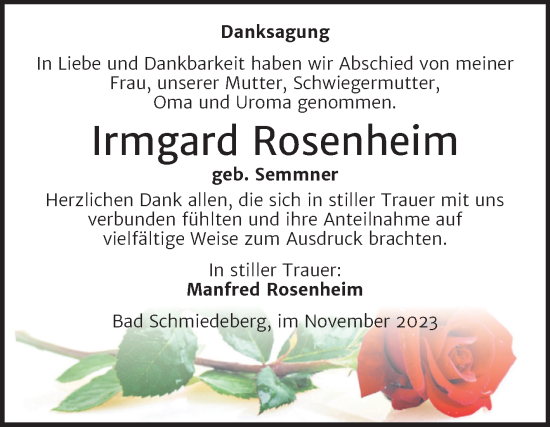 Traueranzeige von Irmgard Rosenheim von Trauerkombi Wittenberg