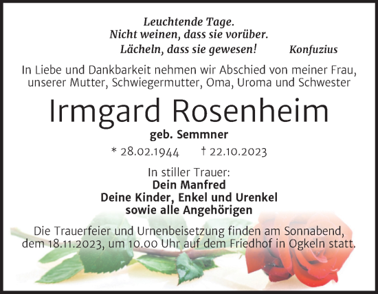 Traueranzeige von Irmgard Rosenheim von Trauerkombi Wittenberg