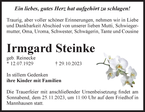Traueranzeige von Irmgard Steinke von Volksstimme Haldensleben/Wolmirstedt