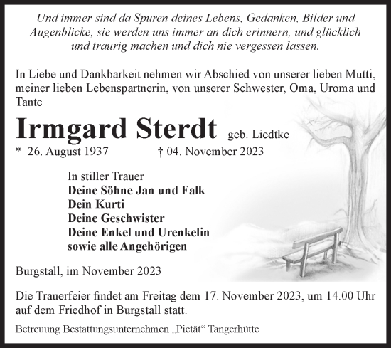 Traueranzeige von Irmgard Sterdt von Volksstimme Haldensleben/Wolmirstedt