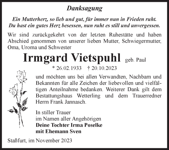 Traueranzeige von Irmgard Vietspuhl von Volksstimme Staßfurt