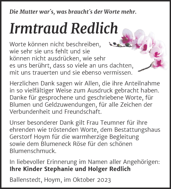 Traueranzeige von Irmtraud Redlich von Trauerkombi Quedlinburg