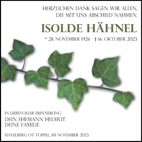 Traueranzeige von Isolde Hähnel von Volksstimme Altmark Ost