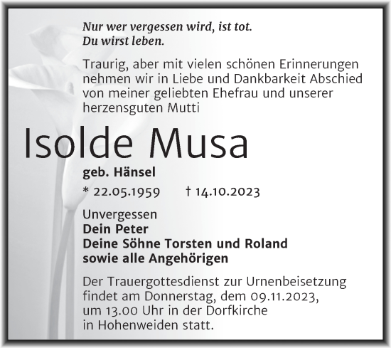 Traueranzeige von Isolde Musa von Mitteldeutsche Zeitung Halle/Saalkreis