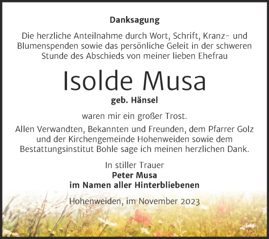Traueranzeige von Isolde Musa von Trauerkombi Merseburg