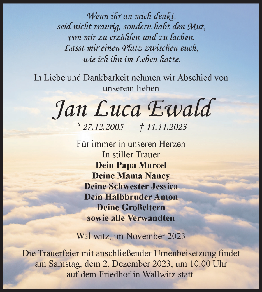  Traueranzeige für Jan Luca Ewald vom 18.11.2023 aus Volksstimme Burg/Genthin