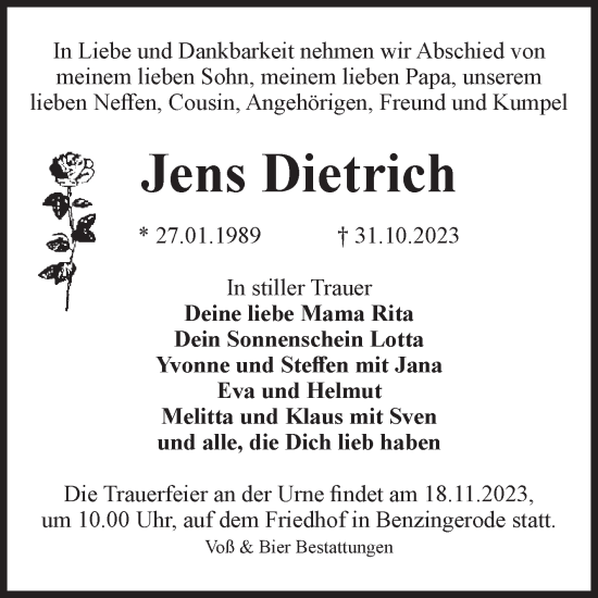 Traueranzeige von Jens Dietrich von Volksstimme Wernigerode