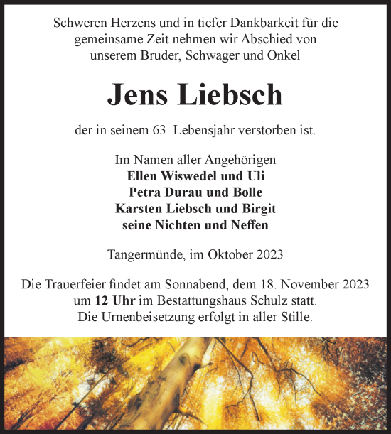 Traueranzeige von Jens Liebsch von Volksstimme Altmark Ost