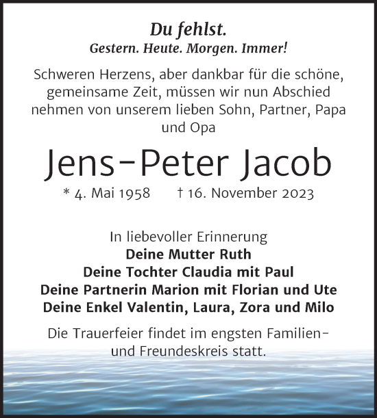 Traueranzeige von Jens-Peter Jacob von Trauerkombi Weißenfels