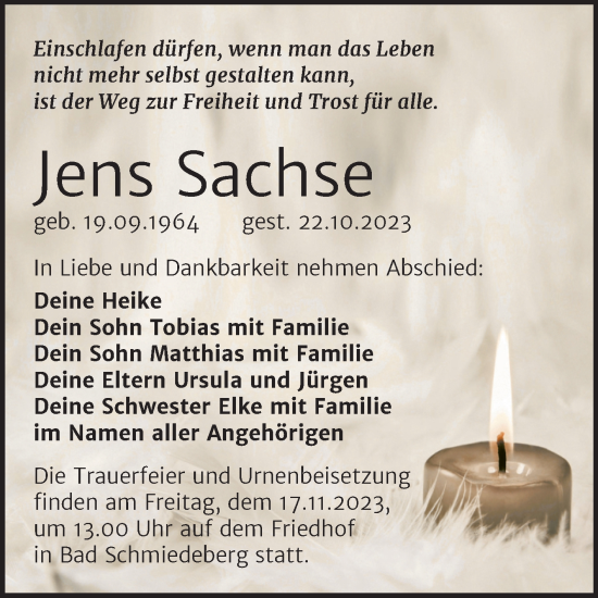 Traueranzeige von Jens Sachse von Trauerkombi Wittenberg
