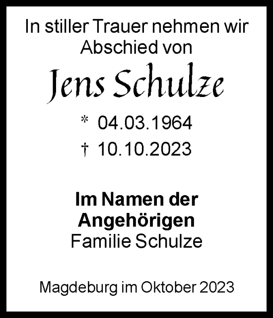 Traueranzeige von Jens Schulze von Volksstimme Magdeburg