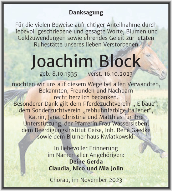 Traueranzeige von Joachim Block von Trauerkombi Köthen
