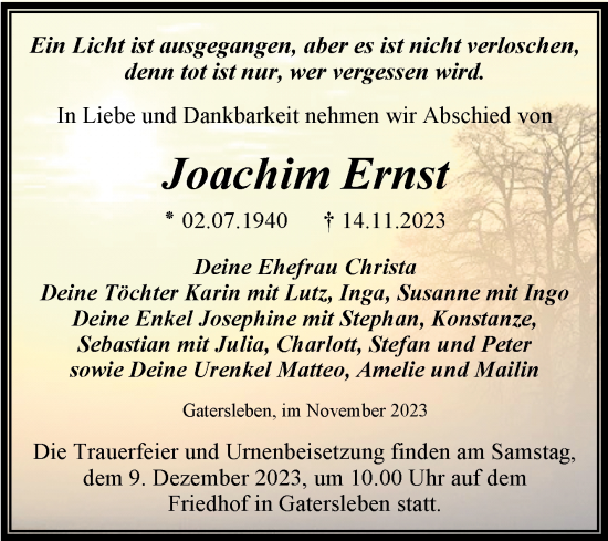 Traueranzeige von Joachim Ernst von Trauerkombi Aschersleben