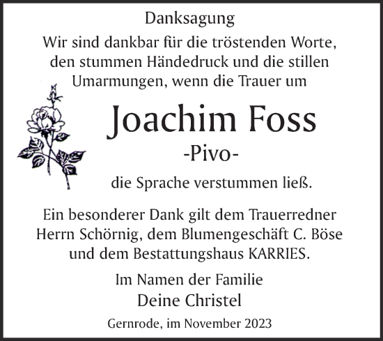 Traueranzeige von Joachim Foss von Trauerkombi Quedlinburg