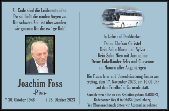 Traueranzeige von Joachim Foss von Trauerkombi Quedlinburg