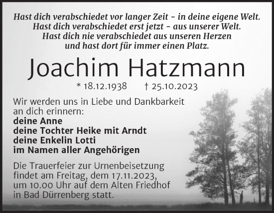 Traueranzeige von Joachim Hatzmann von Trauerkombi Merseburg