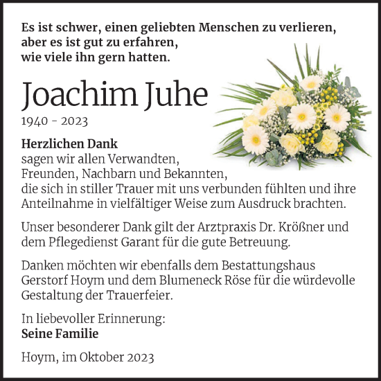 Traueranzeige von Joachim Juhe von Trauerkombi Aschersleben