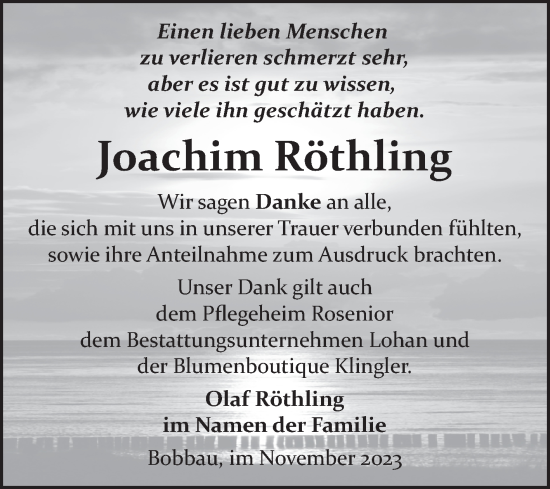 Traueranzeige von Joachim Röthling von Trauerkombi Bitterfeld