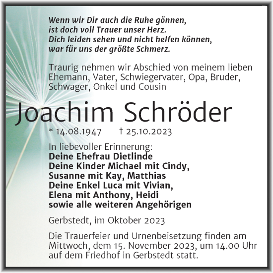 Traueranzeige von Joachim Schröder von Trauerkombi Mansfelder Land