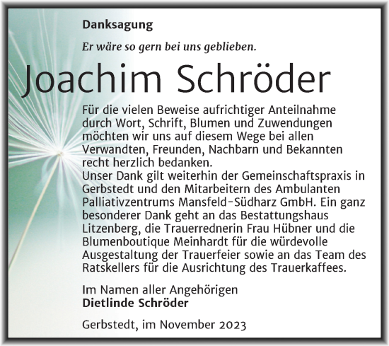 Traueranzeige von Joachim Schröder von Trauerkombi Mansfelder Land