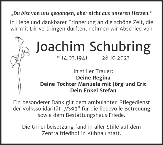 Traueranzeige von Joachim Schubring von Trauerkombi Dessau