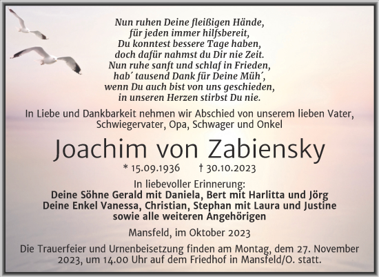 Traueranzeige von Joachim von Zabiensky von Trauerkombi Mansfelder Land