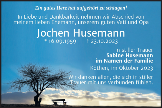 Traueranzeige von Jochen Husemann von Trauerkombi Köthen