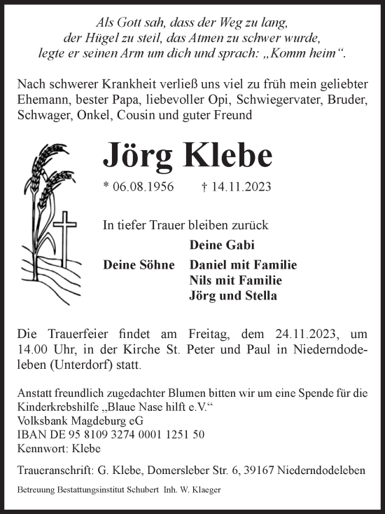 Traueranzeige von Jörg Klebe von Volksstimme Altmark West