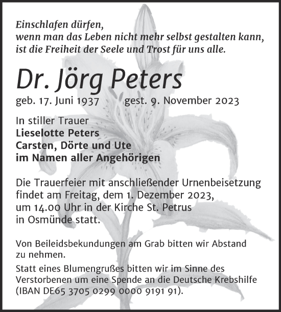 Traueranzeige von Jörg Peters von Mitteldeutsche Zeitung Halle/Saalkreis