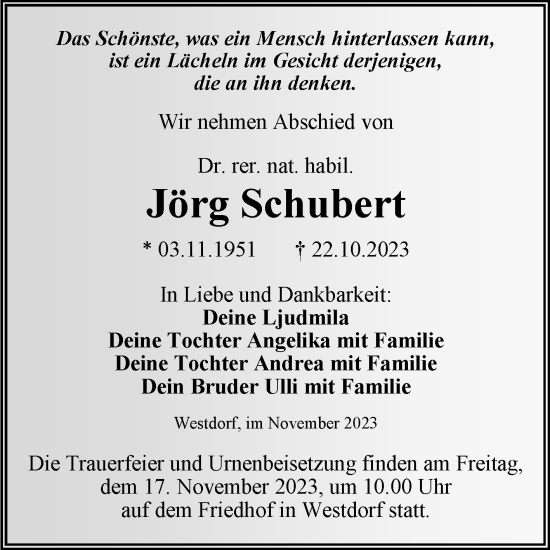 Traueranzeige von Jörg Schubert von Trauerkombi Aschersleben