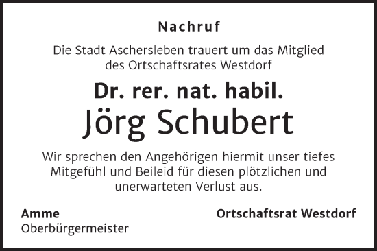 Traueranzeige von Jörg Schubert von Super Sonntag Aschersleben