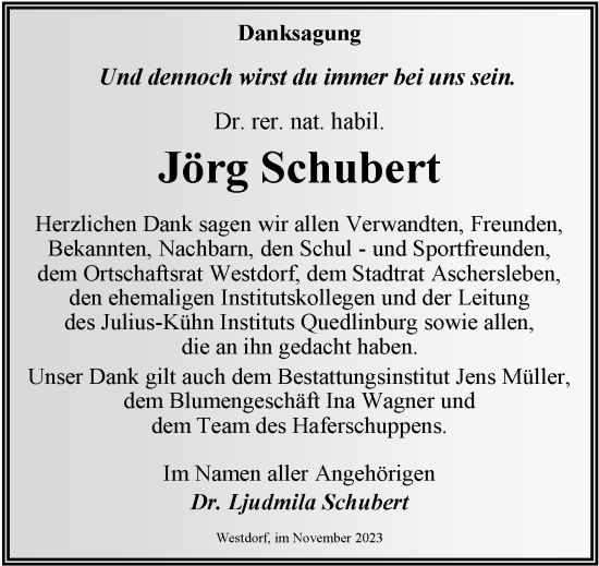 Traueranzeige von Jörg Schubert von Trauerkombi Aschersleben