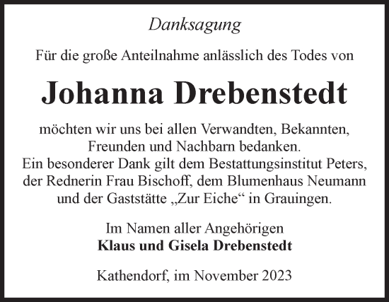 Traueranzeige von Johanna Drebenstedt von Volksstimme Haldensleben/Wolmirstedt
