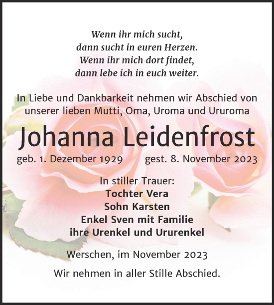 Traueranzeige von Johanna Leidenfrost von Trauerkombi Weißenfels