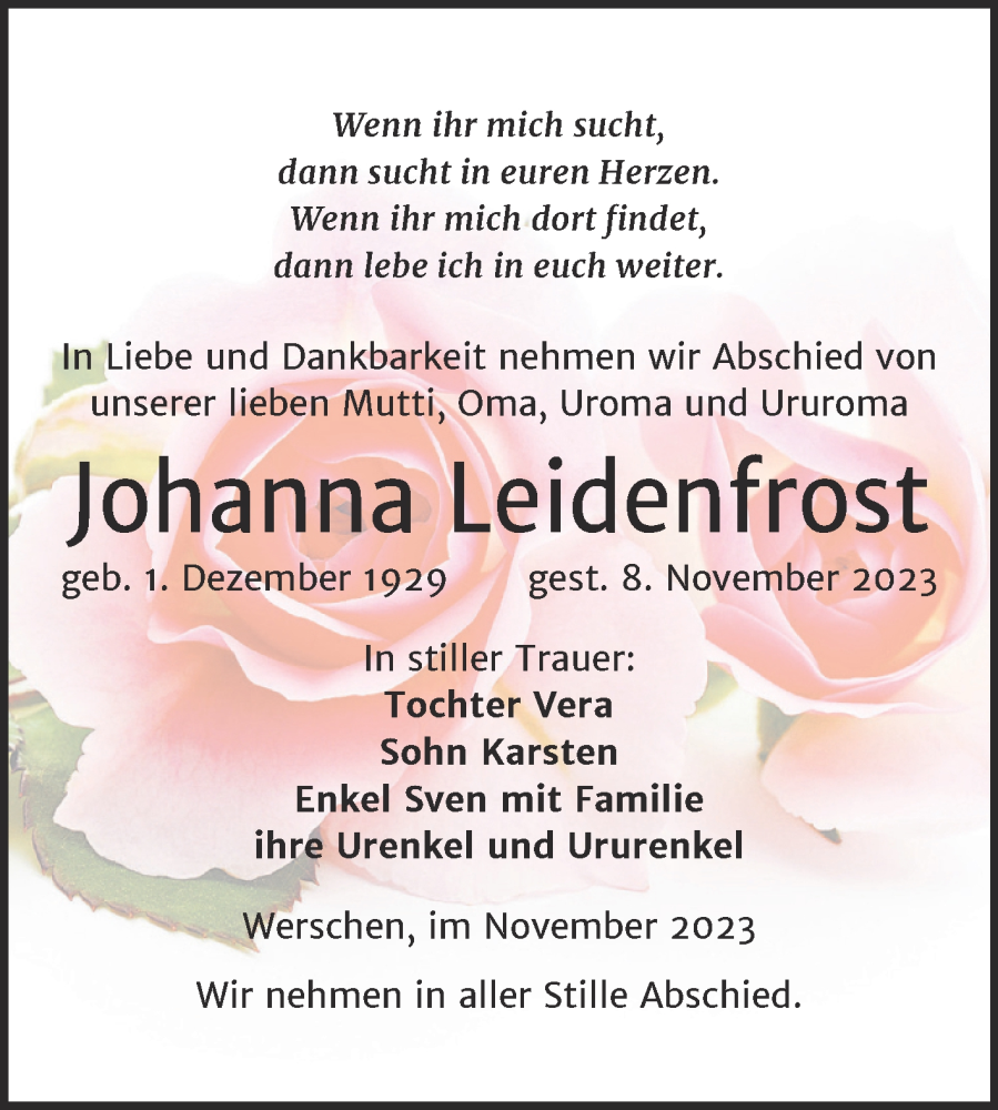 Traueranzeigen von Johanna Leidenfrost | www.abschied-nehmen.de