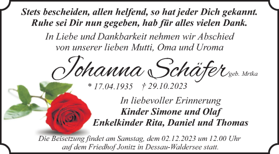 Traueranzeige von Johanna Schäfer von Trauerkombi Dessau