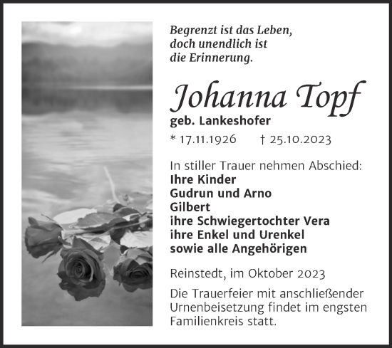 Traueranzeige von Johanna Topf von Trauerkombi Quedlinburg