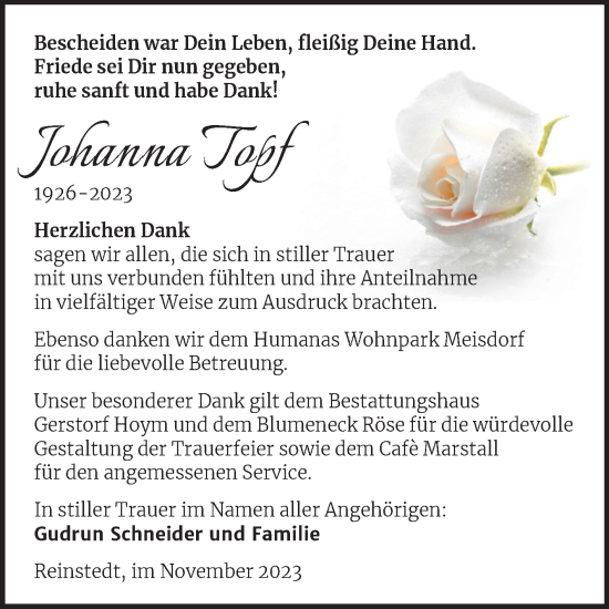 Traueranzeige von Johanna Topf von Trauerkombi Quedlinburg
