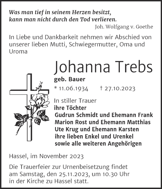 Traueranzeige von Johanna Trebs von Trauerkombi Zeitz