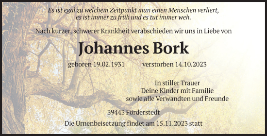 Traueranzeige von Johannes Bork von Volksstimme Staßfurt