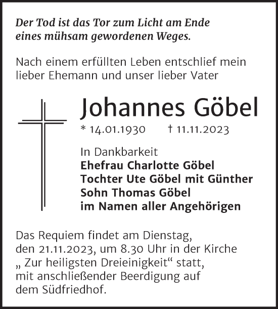 Traueranzeige von Johannes Göbel von Mitteldeutsche Zeitung Halle/Saalkreis