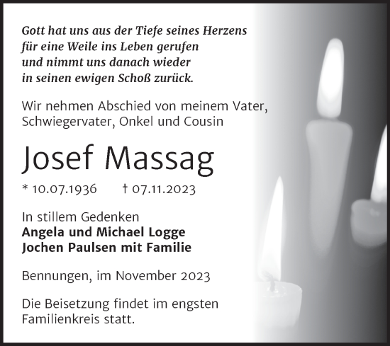 Traueranzeige von Josef Massag von Trauerkombi Sangerhausen