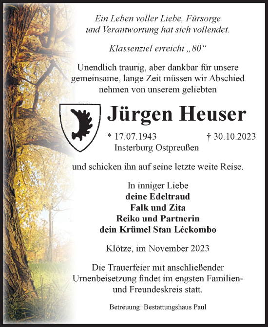 Traueranzeige von Jürgen Heuser von Volksstimme Altmark West