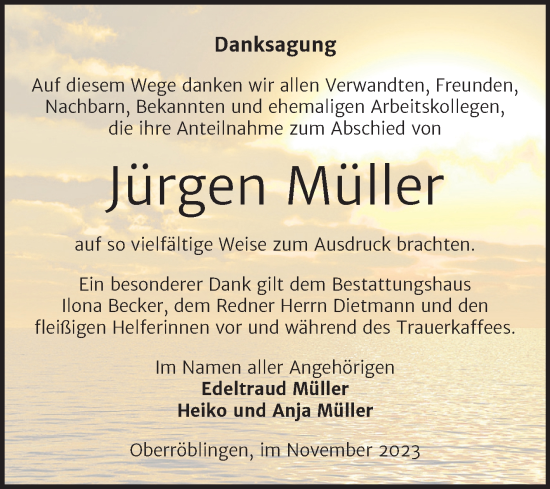 Traueranzeige von Jürgen Müller von Trauerkombi Sangerhausen