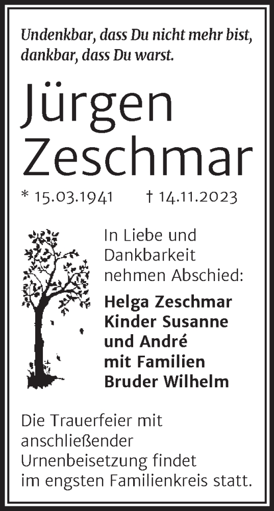Traueranzeige von Jürgen Zeschmar von Mitteldeutsche Zeitung Halle/Saalkreis