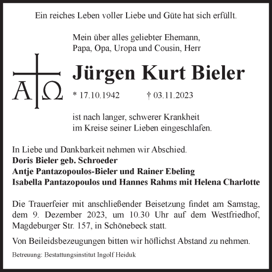 Traueranzeige von Jürgen Kurt Bieler von Volksstimme Magdeburg