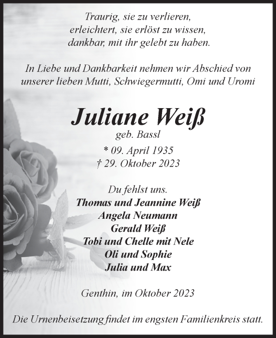 Traueranzeige von Juliane Weiß von Volksstimme Burg/Genthin